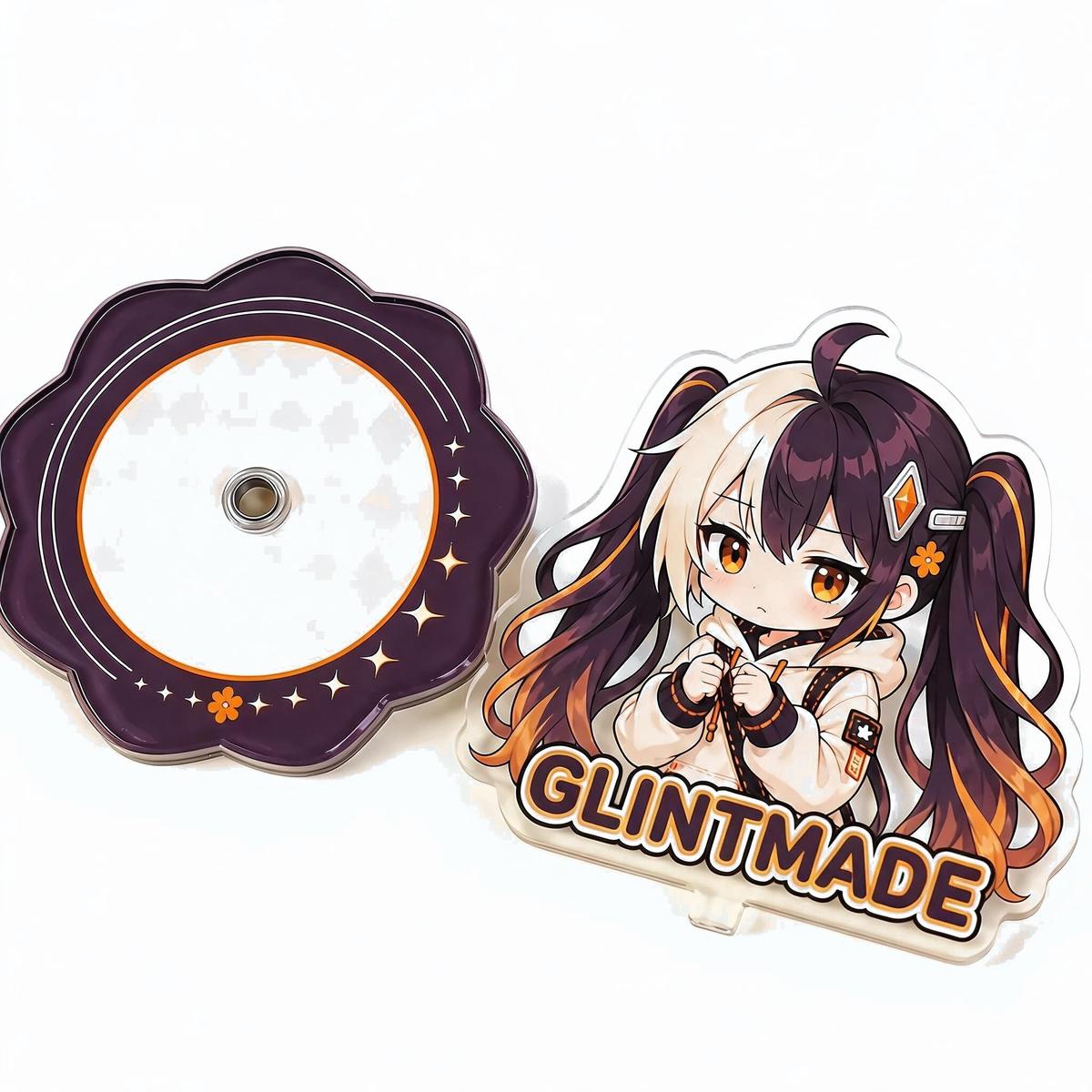 Custom rotating acrylic standee with Glint character piece and decorative spinning base