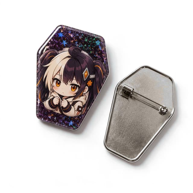 Custom Coffin-Shaped Glitter Holographic Tinplate Badge product photo on a white background