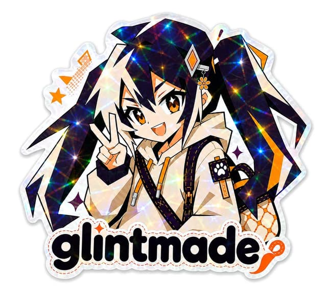 Holographic sticker of a pink anime girl making a peace sign under the glintmade wordmark, shimmering on black