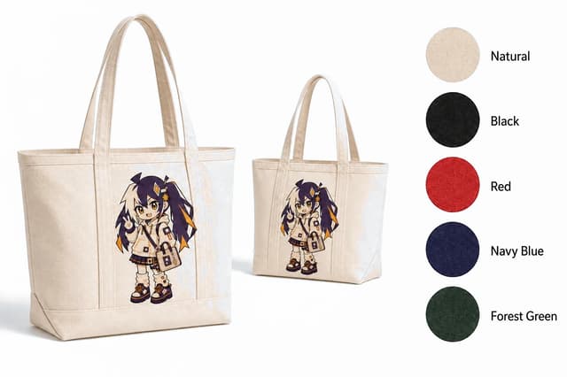 Beige canvas shoulder bag printed with a minimalist stretching orange cat, on a light studio backdrop