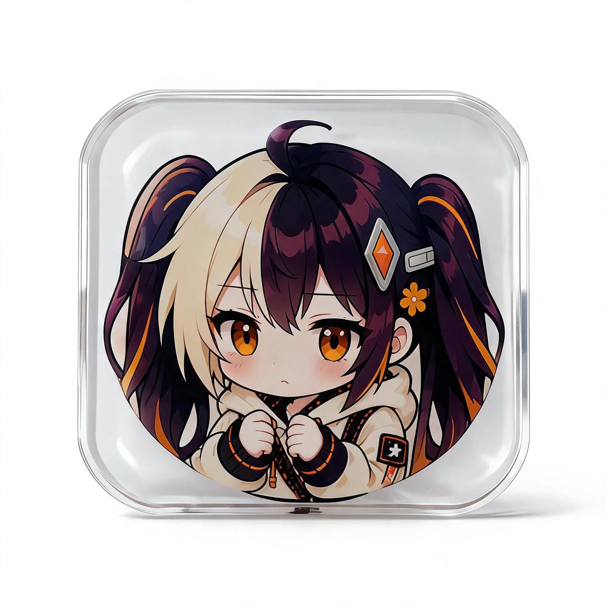 Rounded clear acrylic badge printed with a chibi girl in a blue dress, on light gray