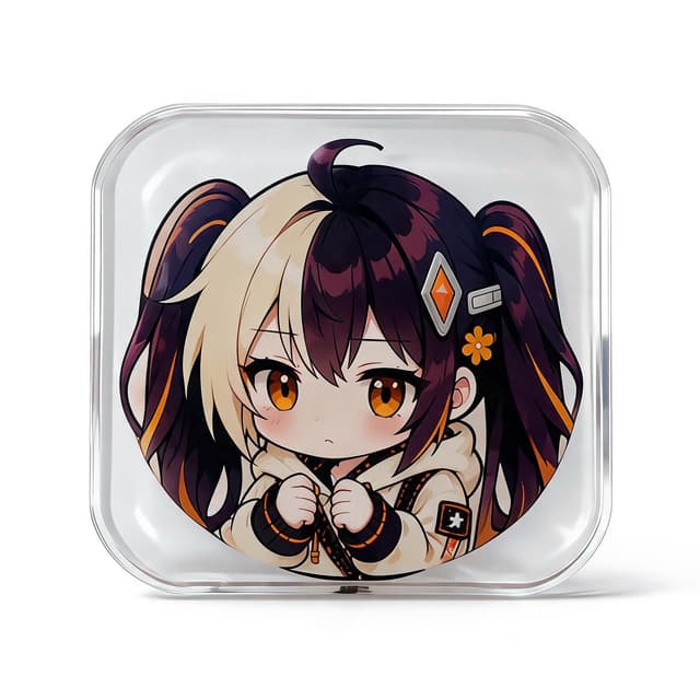 Rounded clear acrylic badge printed with a chibi girl in a blue dress, on light gray
