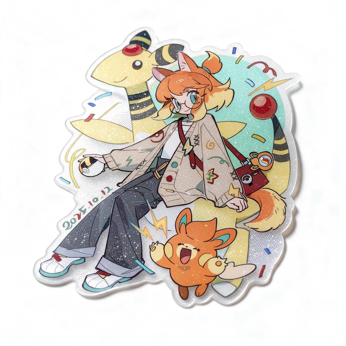Pokemon Series frosted glitter die-cut sticker of the trainer artwork with fine sparkle on a white background