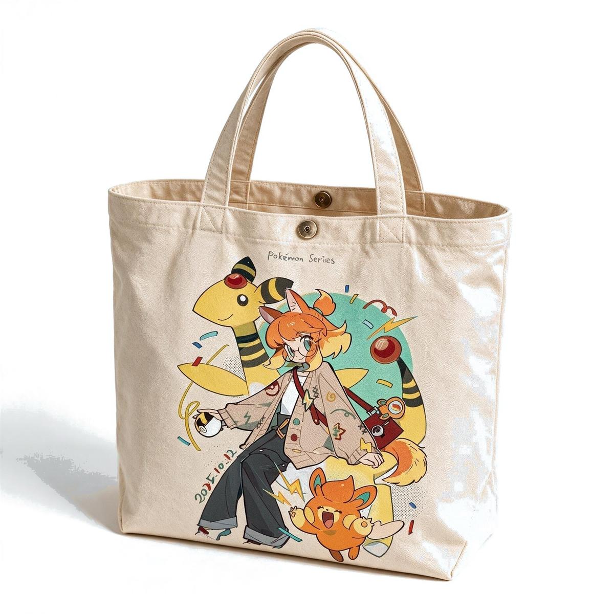 Magnetic-closure canvas tote with teal circle motif and trainer girl print