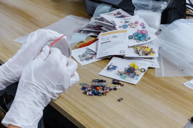 Worker bundling stacked finished print products beside a forklift ahead of dispatch