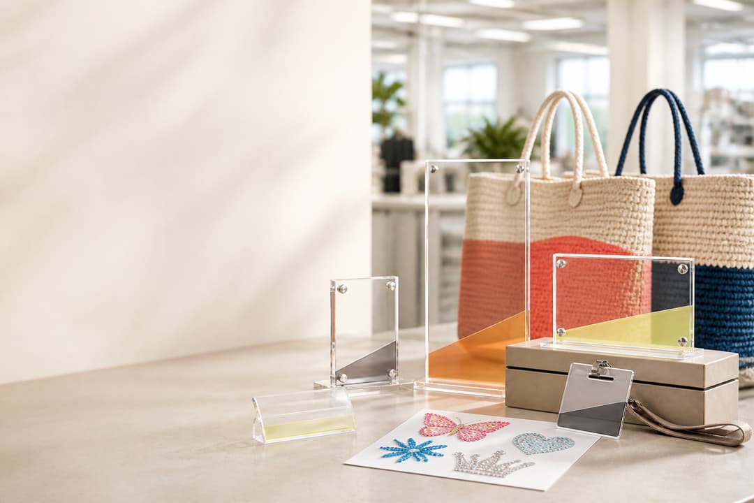 Acrylic displays, rhinestone transfers and woven bags arranged as a factory product brief