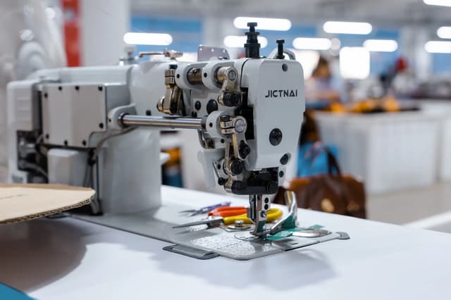 Industrial sewing machine stitching a patterned canvas panel beside paper patterns