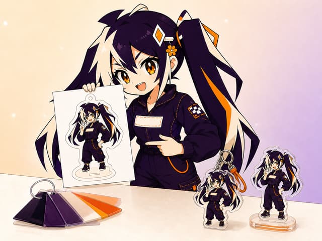 Chibi Glint reviewing character artwork with matching acrylic keychain and standee samples