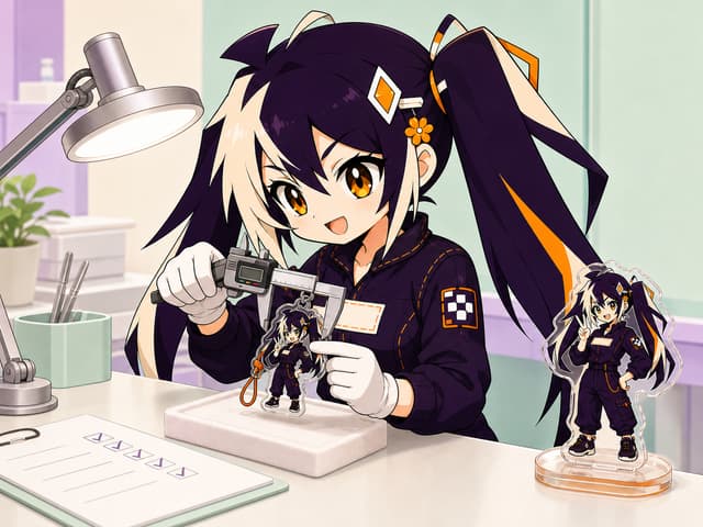 Chibi Glint checking a finished acrylic keychain with a digital caliper