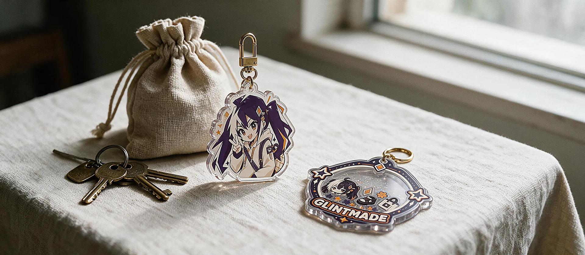 Flat lay of custom acrylic keychains with character art, a brass key and a canvas bag on linen