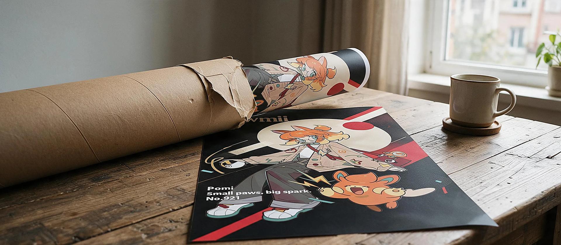 Custom anime art prints and posters, one partially unrolled from a kraft mailing tube