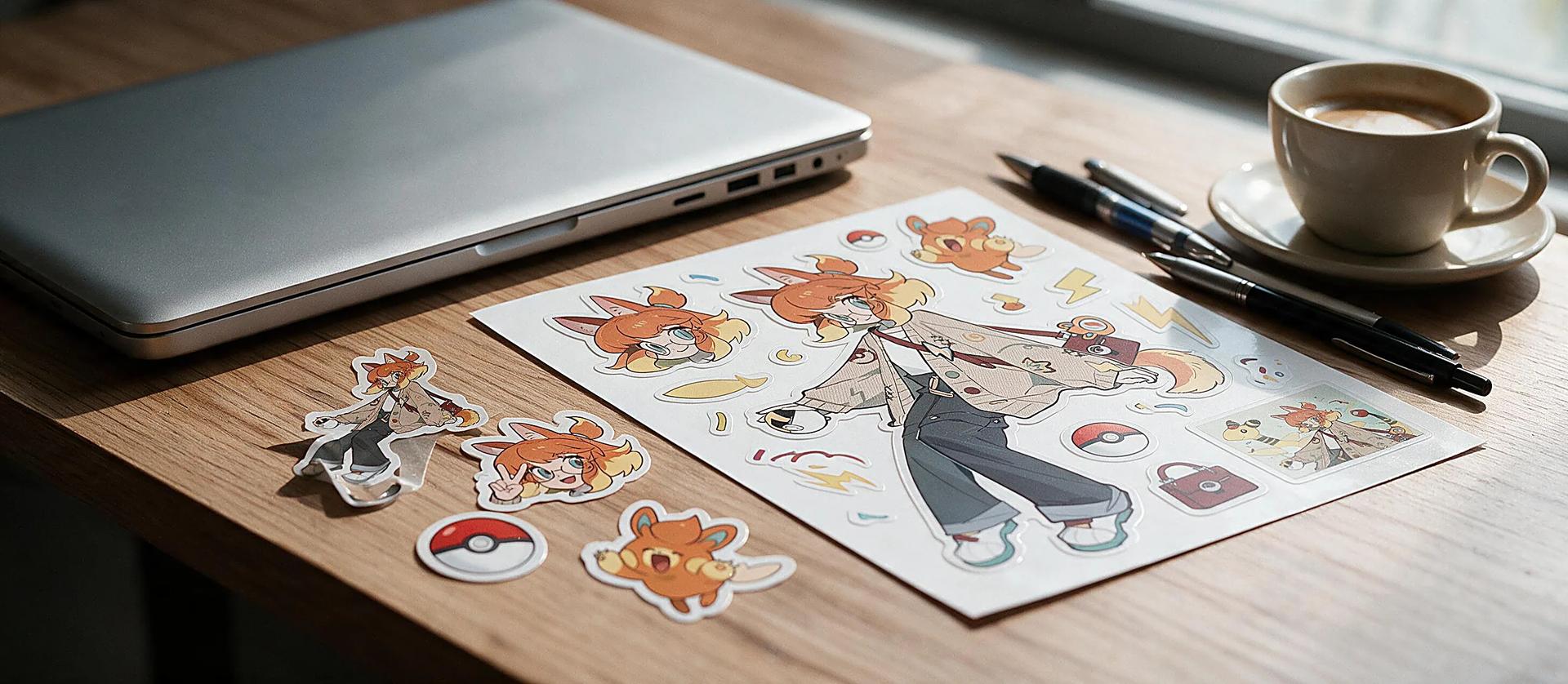 Flat lay of custom die-cut, holographic, sheet and clear character stickers on linen