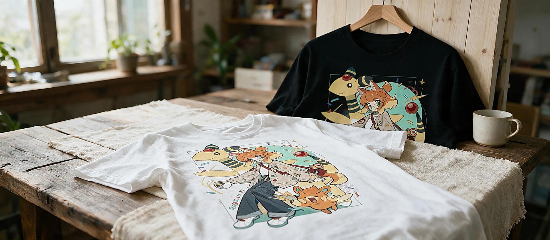 Custom printed character t-shirts, one spread out and two folded beside a kraft hang tag