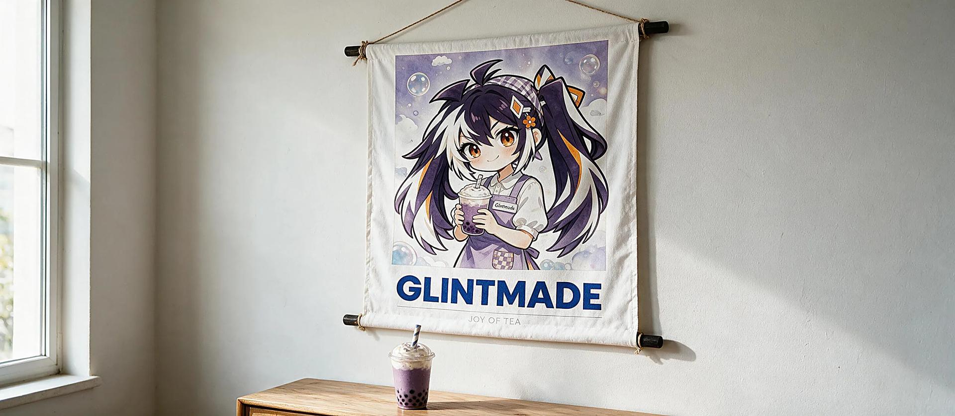 Custom framed character art, a fabric wall scroll and a folded starry tapestry on linen