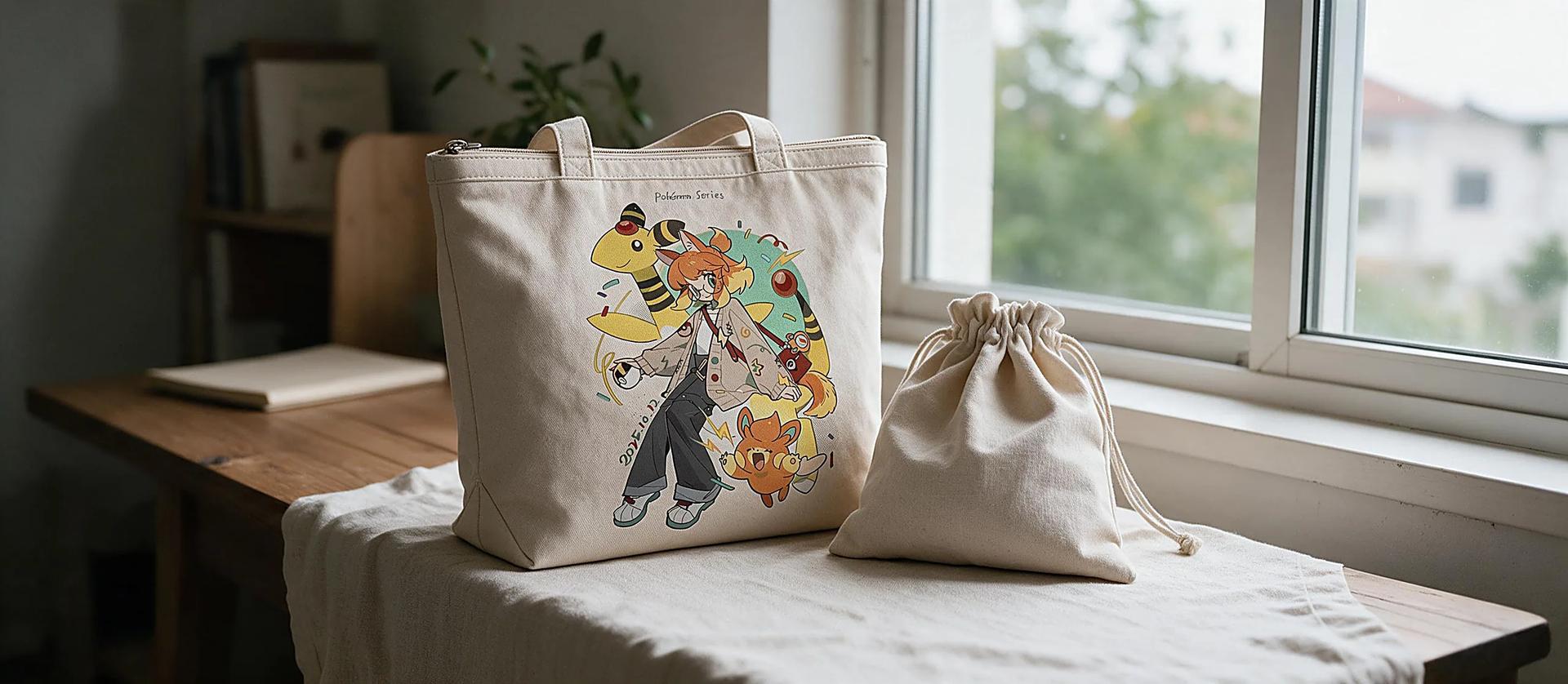 Custom printed canvas tote and drawstring bags with character art on linen