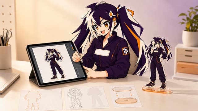Glint reviewing custom acrylic standee artwork beside a finished clear standee