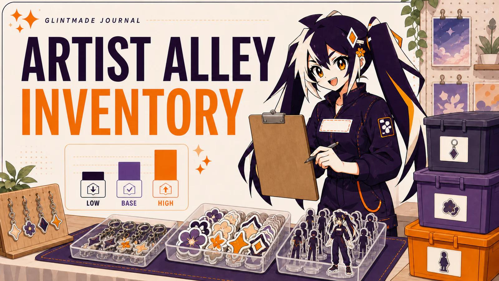 Glint counting organized Artist Alley inventory with charms stickers and standees