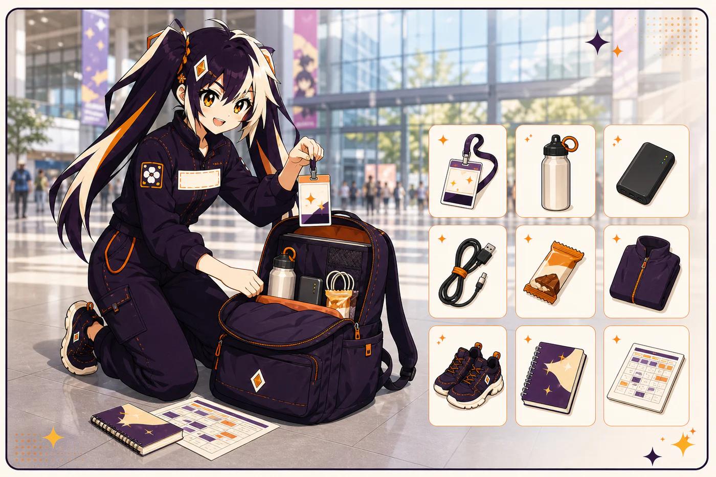 Glint packing a badge, water, battery, cable, snack, light layer and schedule for a first convention