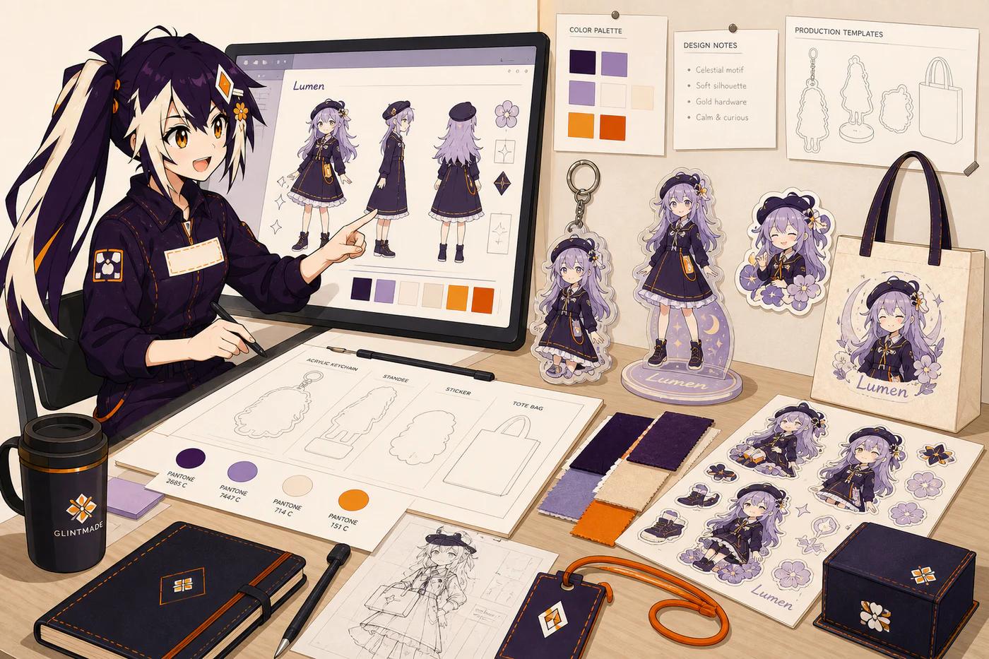 Glint adapting one original character into a keychain, standee, sticker set and canvas tote
