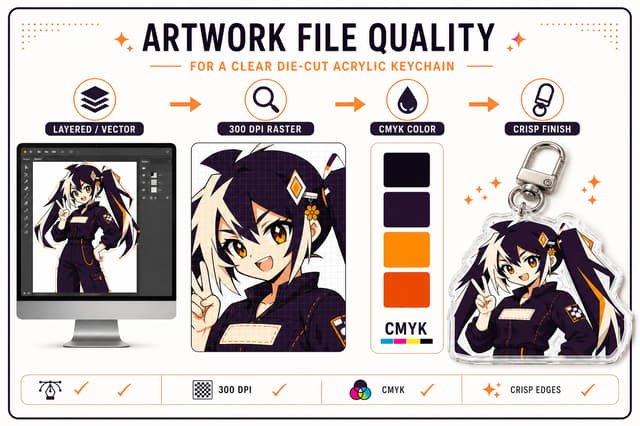 Standard Glint character artwork moving from layered files and 300 DPI review to a finished acrylic keychain