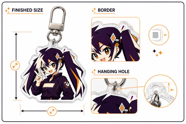 Standard Glint acrylic keychain showing finished dimensions, clear border and reinforced hanging-hole margin