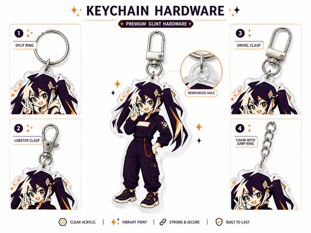 Standard Glint acrylic keychain with split ring, lobster clasp, swivel clasp and short-chain hardware choices