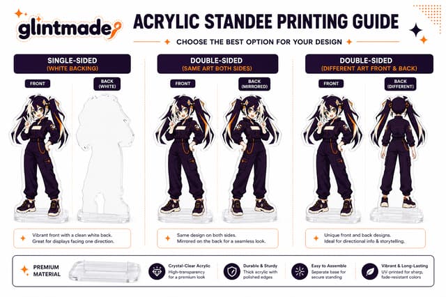 Standard Glint standee comparison for single-sided, mirrored double-sided and different front-and-back printing