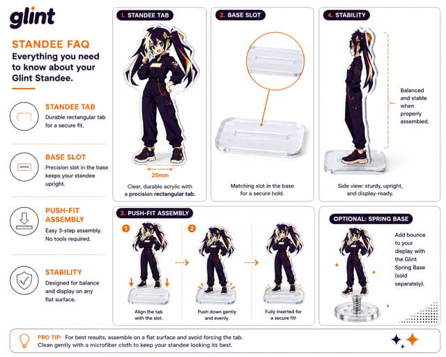 Standard Glint standee showing its tab, matching base slot, push-fit assembly and stable side view