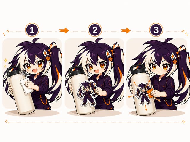Three-step Glint illustration for cleaning, positioning and pressing a sticker onto a bottle