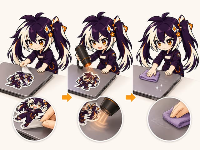 Glint illustration showing gentle sticker removal, mild warming and residue cleaning