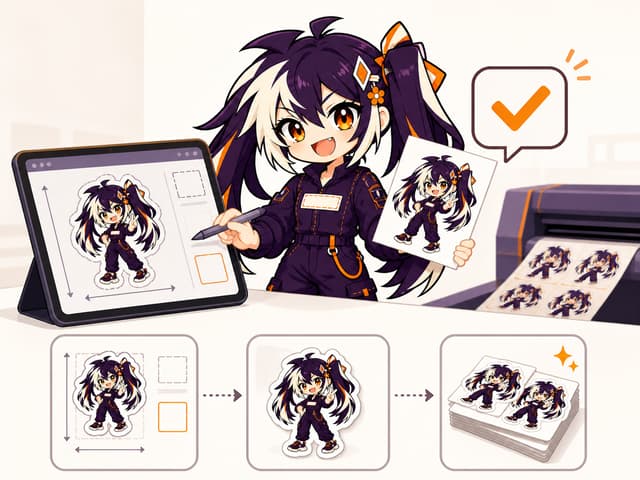 Glint mascot checking a sticker design's size and cut line on a tablet next to the printed stickers