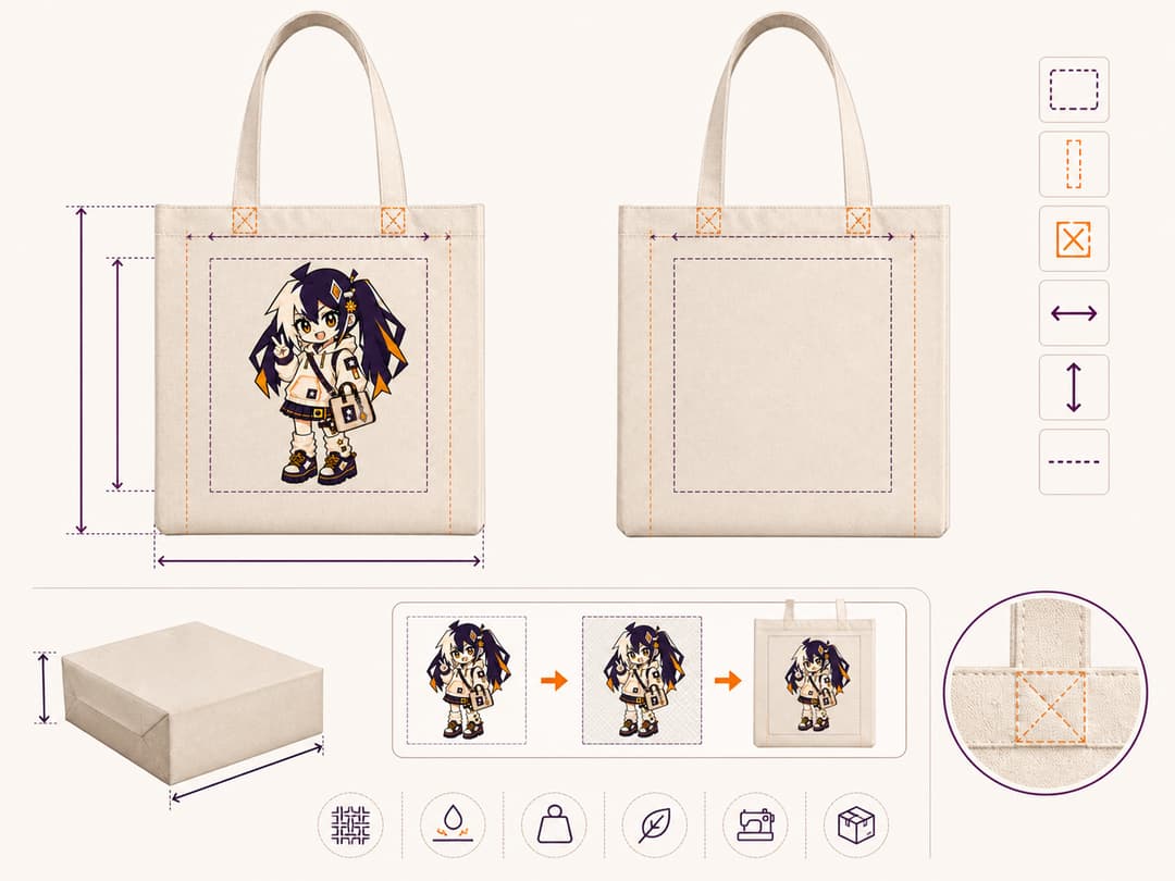 Glint canvas tote dimensions, print safe area, seams and finished artwork guide