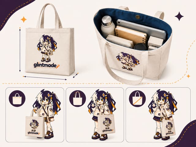 Glint modeling one canvas tote at different scales with size and capacity references