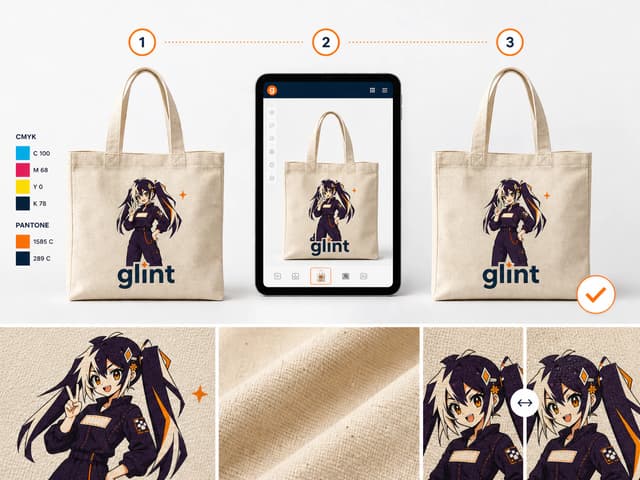 Standard Glint character artwork shown with CMYK and Pantone color references, an on-screen preview and the finished canvas tote