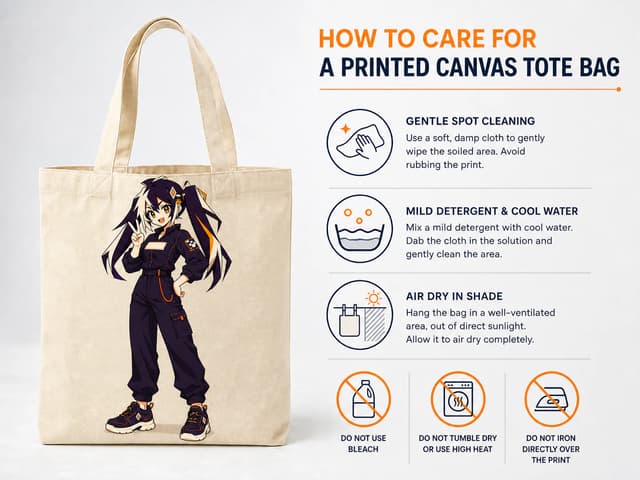 Standard Glint printed canvas tote with gentle cleaning, cool water and air-dry care guidance
