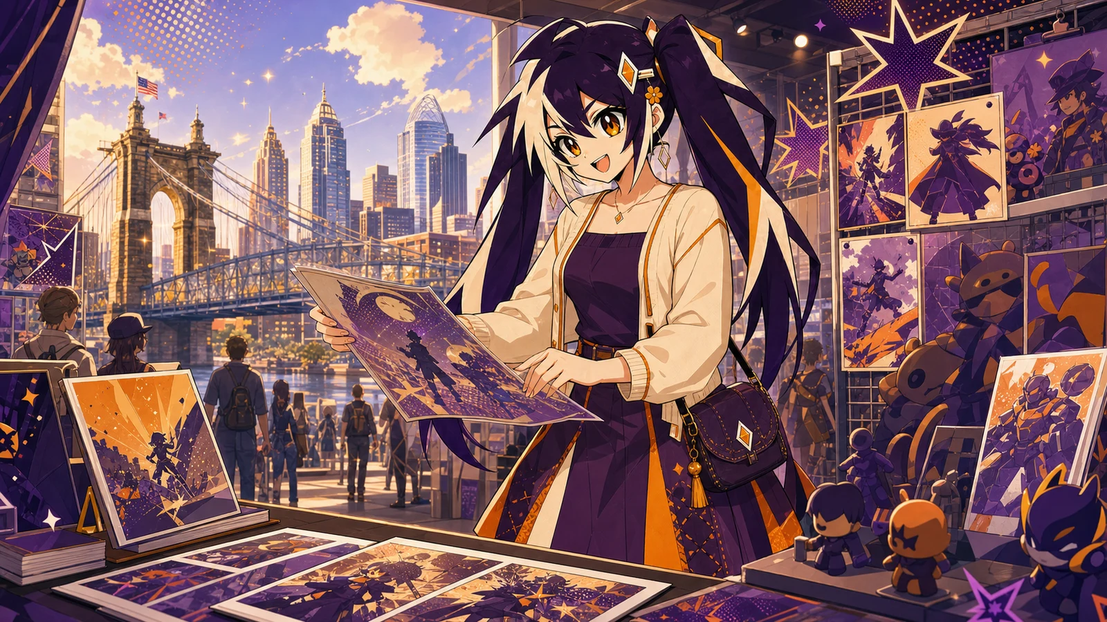 Glint reviewing original comic prints with the Cincinnati skyline behind her