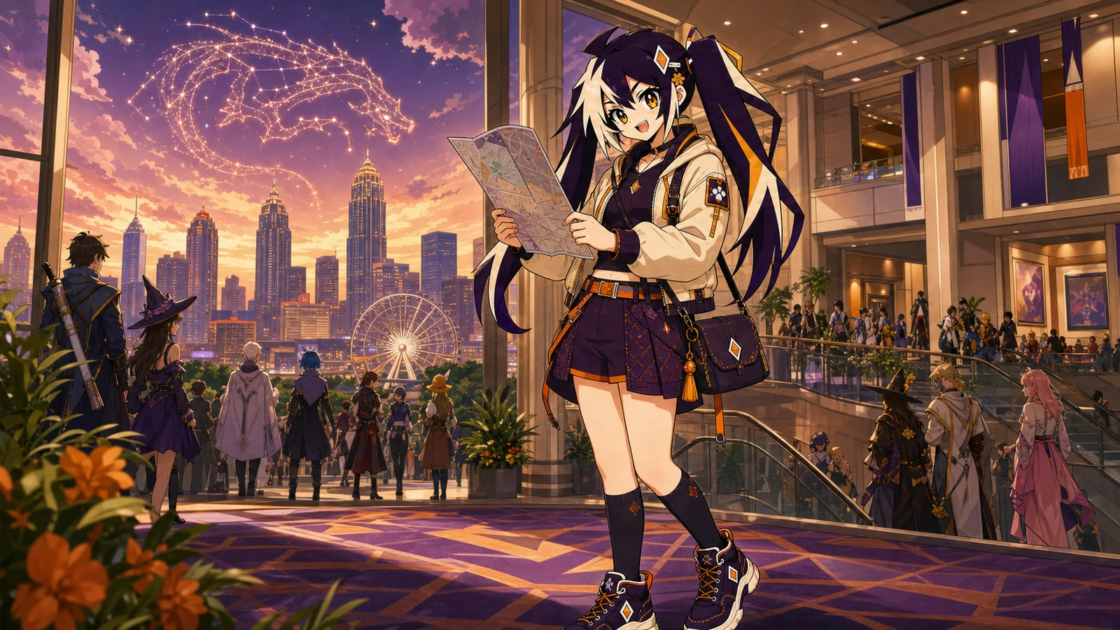 Glint planning a fantasy convention route against the Atlanta skyline