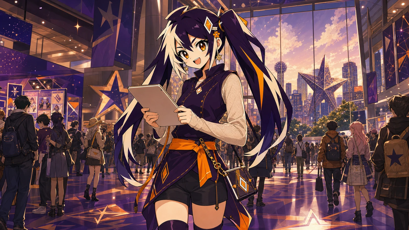Glint checking a convention plan inside a large Dallas fandom expo