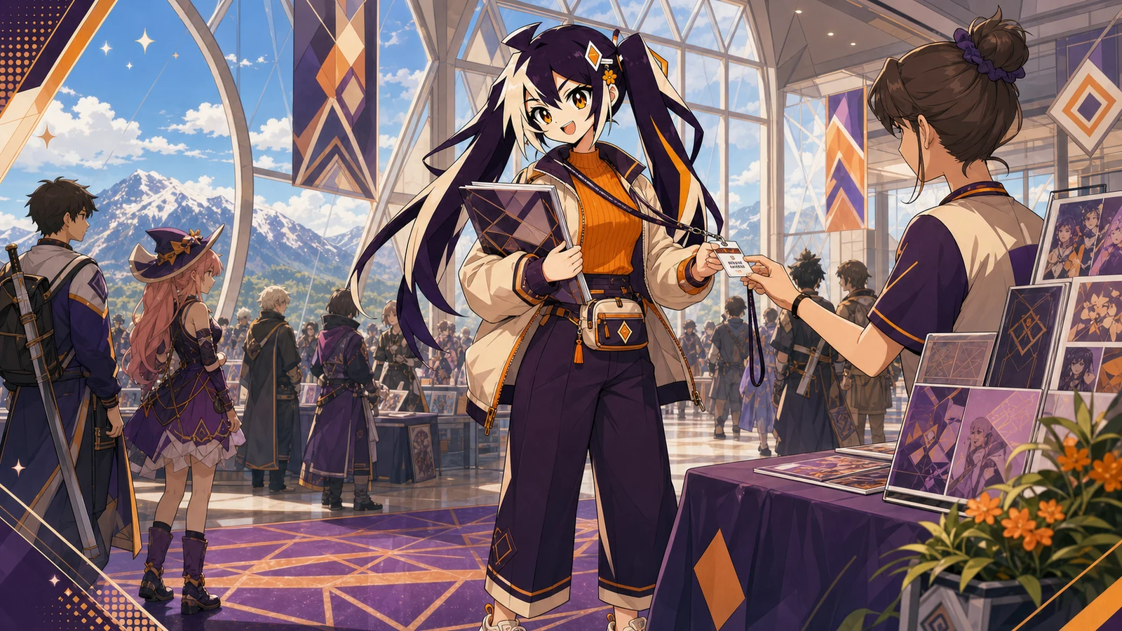 Glint carrying a comic portfolio in a mountain-view Salt Lake convention hall
