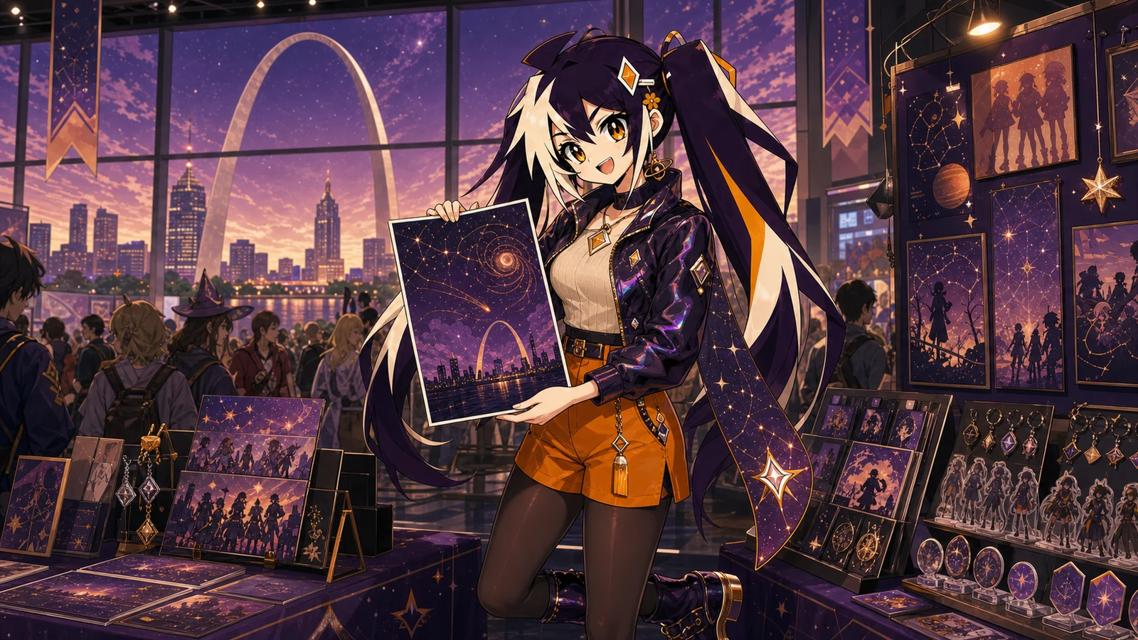 Glint presenting cosmic artwork with the Gateway Arch behind her