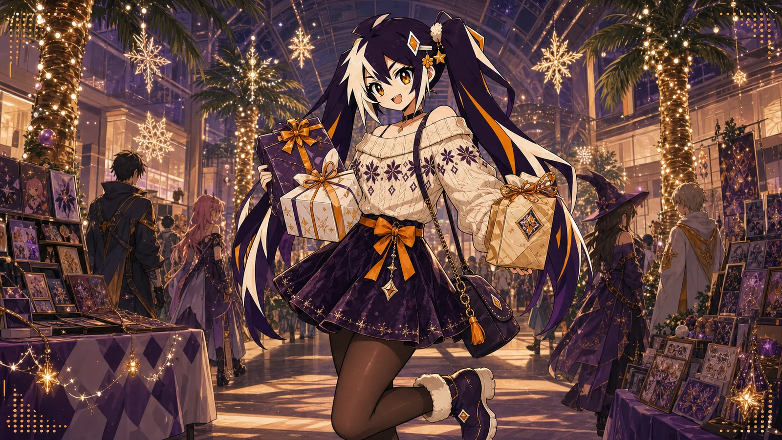 Glint carrying creator gifts at a festive Orlando anime convention