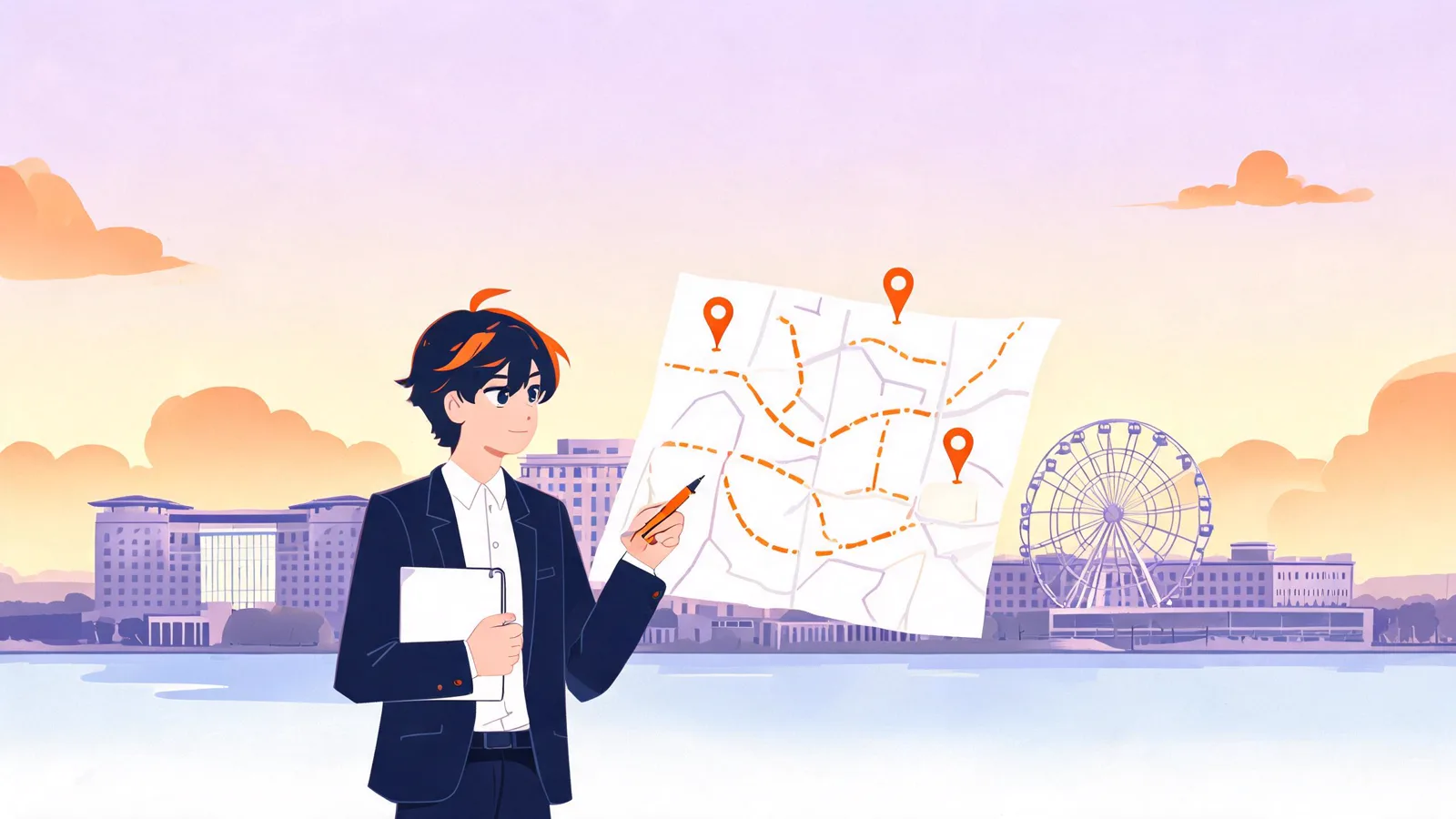 Glint planning a waterfront convention route against the National Harbor skyline