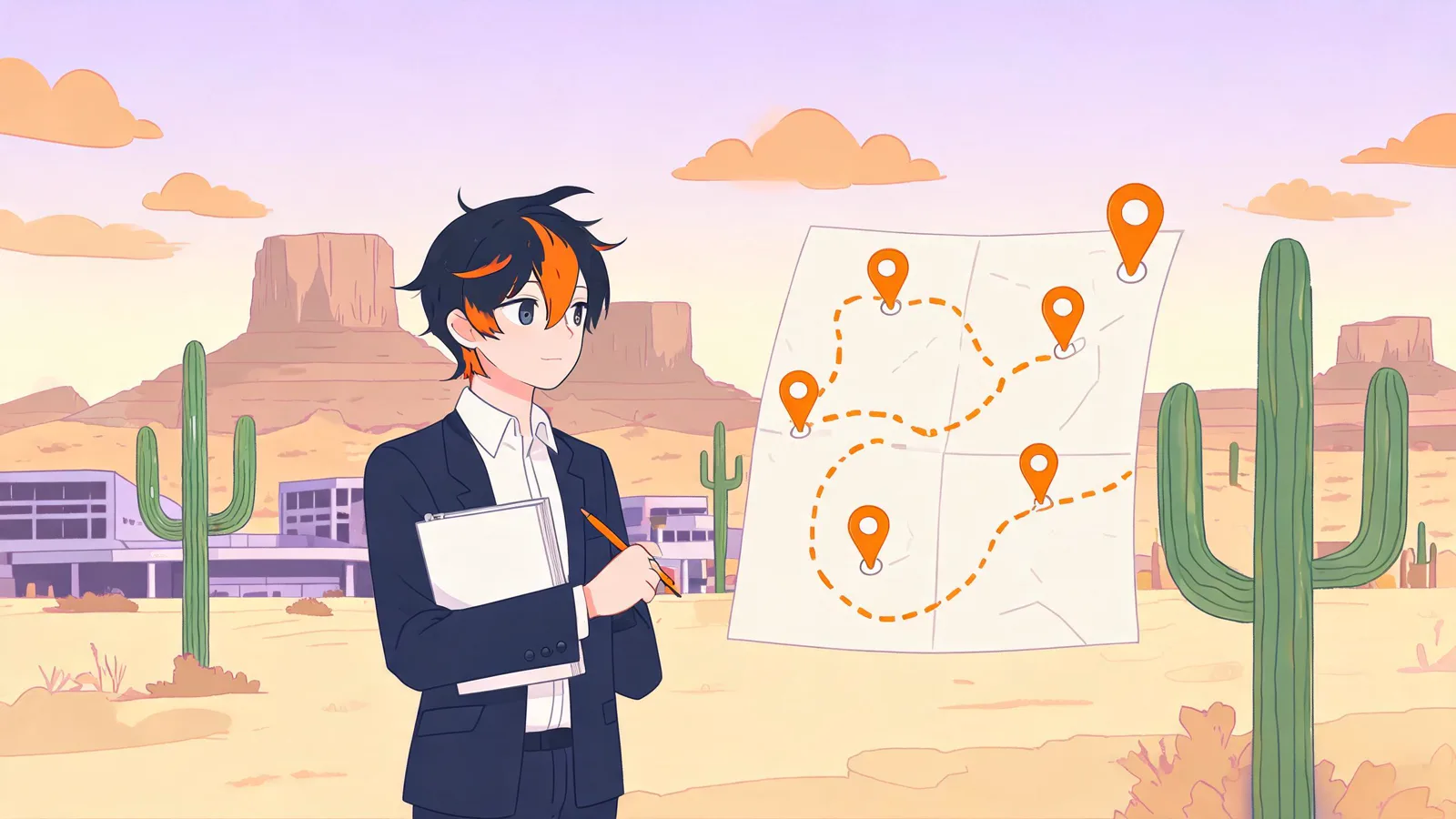 Glint planning a convention route past saguaro cacti against the Mesa desert horizon