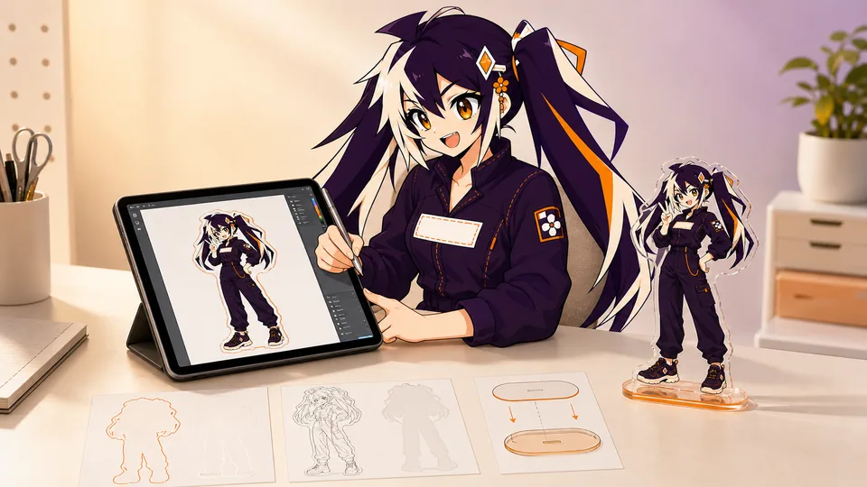 Glint reviewing custom acrylic standee artwork beside a finished clear standee