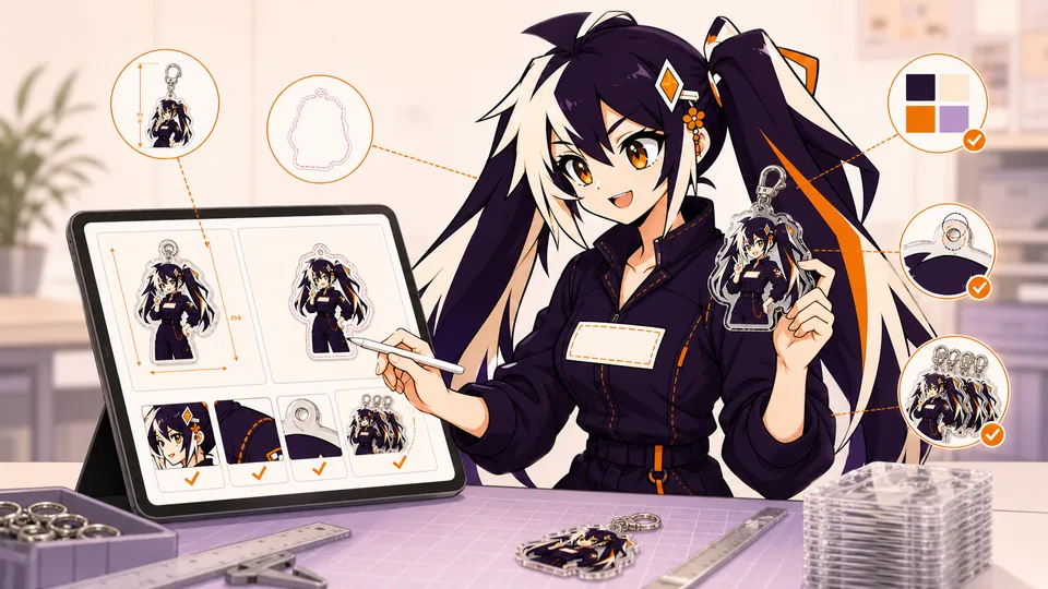 Glint reviewing a digital proof and finished acrylic keychain