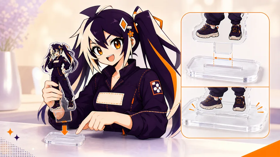Glint aligning an acrylic standee tab with its clear base slot