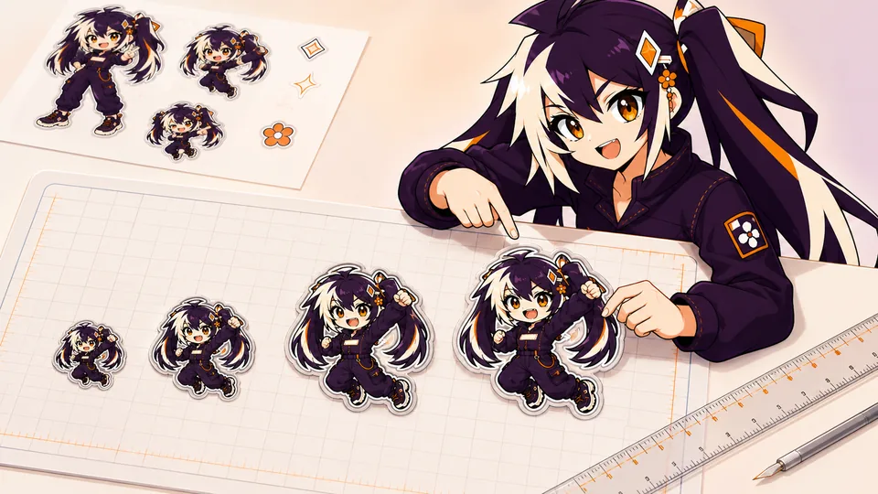 Glint comparing readable sticker sizes on a cutting mat